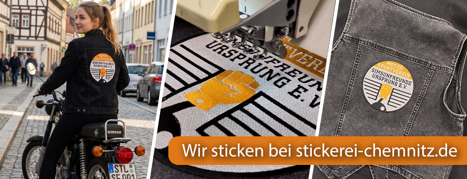 Bild einer Frau mit Kutte mit dem Vereinslogo der Simsonfreund Ursprung E.V. sowie eine Kutte beim besticken
